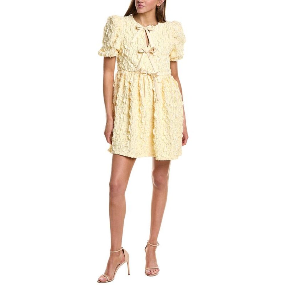 English Factory Womens  Bow Detailed Puff Sleeve Stretchy Dress, Yellow